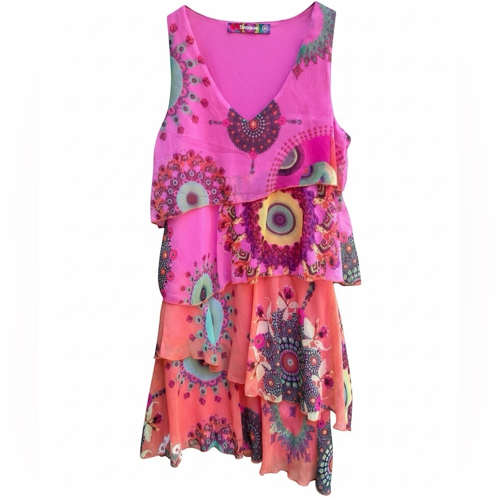 Desigual Layered Boho Dress Pink Multicolor Size M